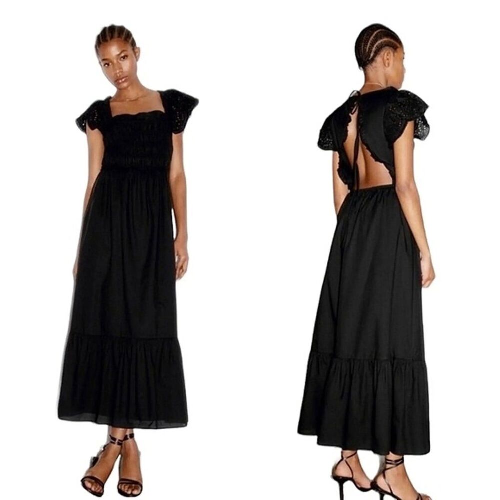 Zara Openwork Embroidered Eyelet Cotton Black Midi Dress Size L